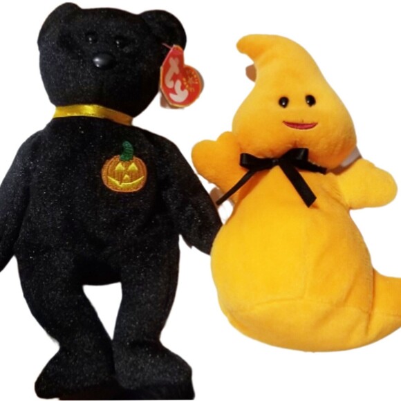 Halloween TY Beanie Baby Spooky Ghost Bear Plush Orange Jack O'Lantern LOT - Picture 1 of 1